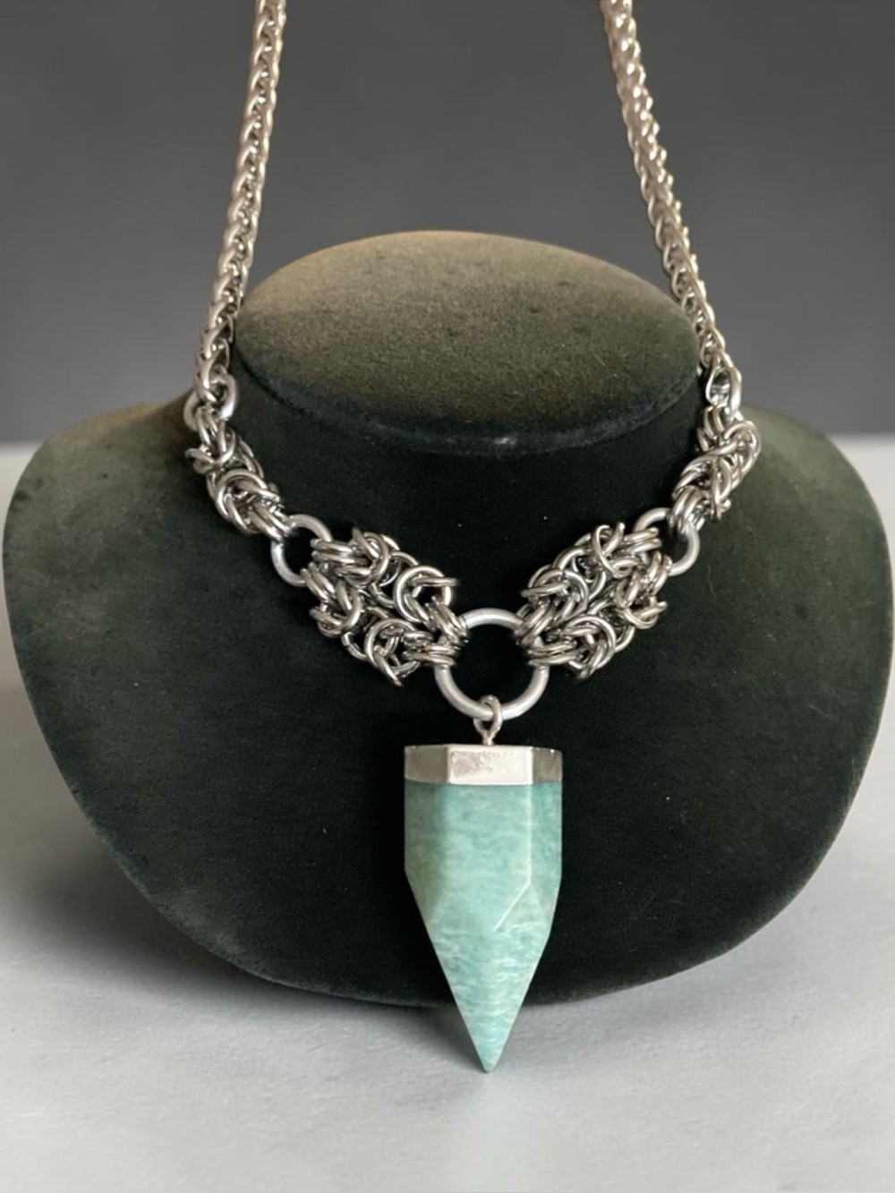 Genuine light blue amazonite crystal charm maille silver boho choker necklace